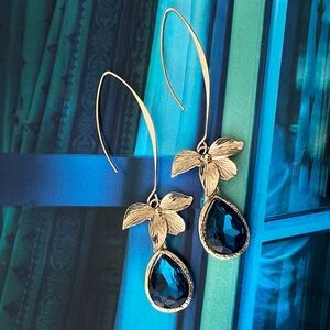 Blue Orchid Earrings Gold-Plated Art Nouveau Dangle Floral Statement Pierced